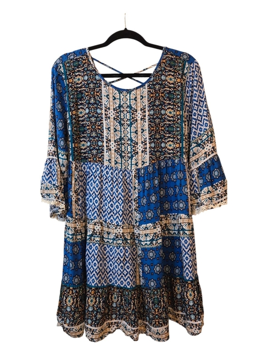 Umgee Dresses & Skirts - Umgee Mixed Print Blue Peasant Bohemian Tunic Dress with Crisscross Back Size S